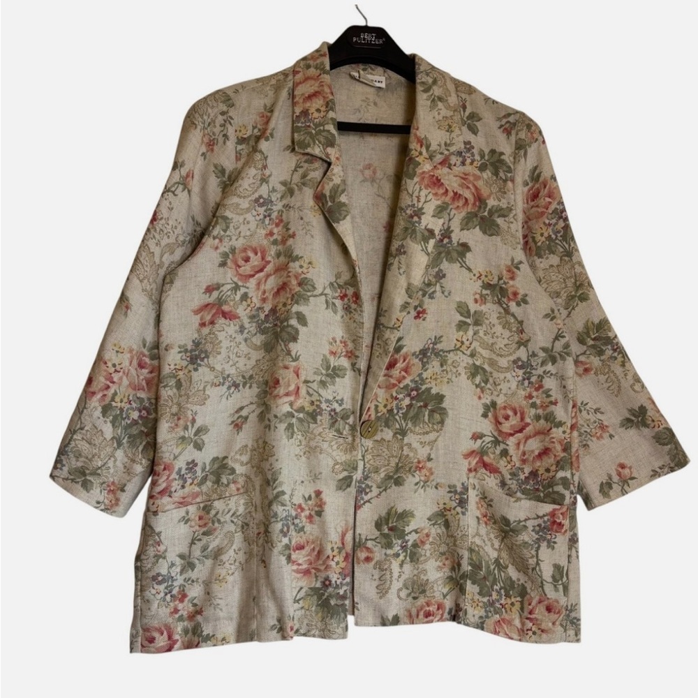 VTG Women's Sz L Pink Beige Linen Blend Jacket Blazer Floral USA Shabby Chic